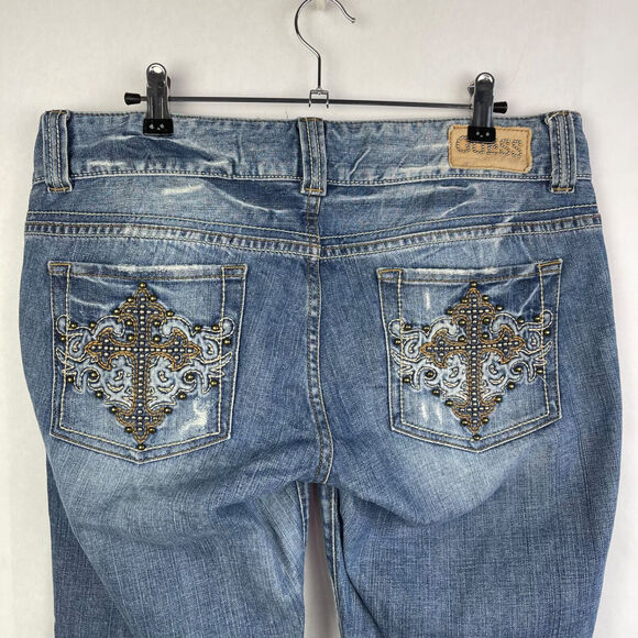 Guess Daredevil Bootcut Denim Jeans Cross Embellished Pockets Women's Sz 31 - Picture 3 of 12
